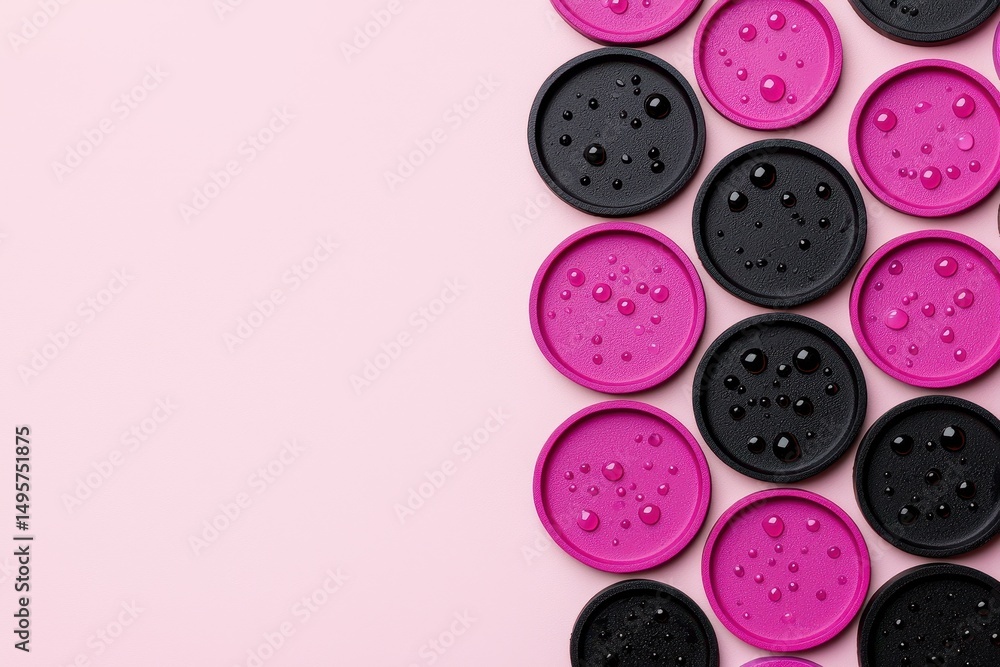 Poster an eye level studio shot displaying a collection of alternating pink and black metallic textured cir