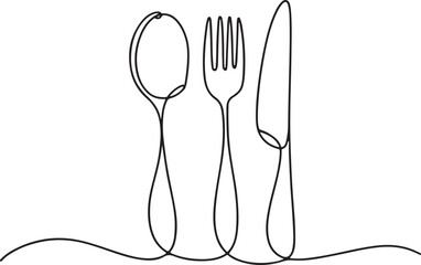  one line vector illustration of spoon, fork, and knife as elegant kitchen cutlery on white background