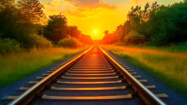 Golden path Railway tracks stretch toward sunset framed by lush trees promising journeys