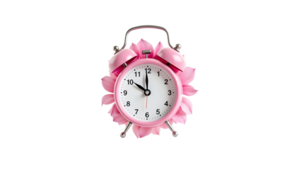 Pink Alarm Clock Surrounded by Floating White Petals on a Calm Background