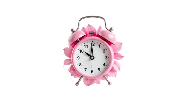 Pink Alarm Clock Surrounded by Floating White Petals on a Calm Background