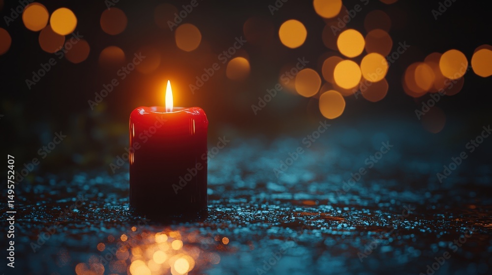 Poster a red candle burns brightly on a wet surface, casting a warm glow as gentle bokeh lights twinkle in 