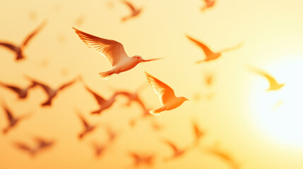 Flock of birds flying at sunrise in vibrant orange sky creating a serene and dynamic natural scene