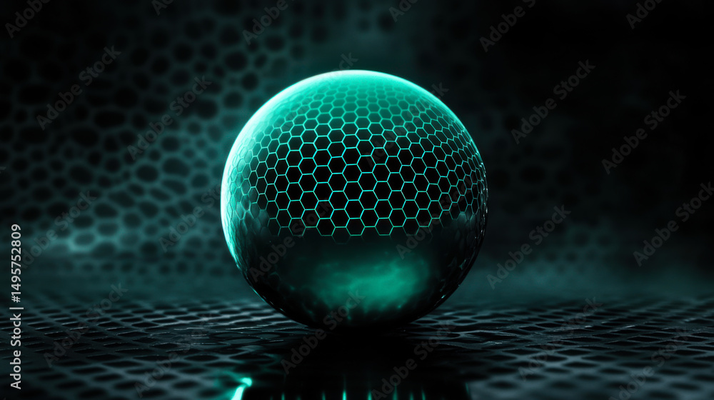Poster glowing hexagonal sphere resting on textured surface with mist in a dark setting