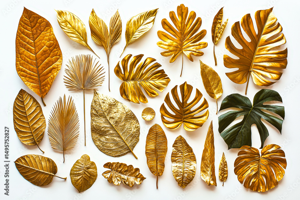 Poster an artistic arrangement of different types of golden leaves on a bright background displays the eleg