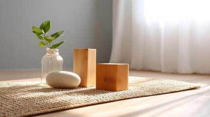 Minimalist Still Life with Wooden Blocks, Plant and Neutral Tones for Product Mockup or Background