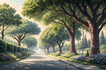 Obraz premium Sunlit Tree-Lined Street Serene Landscape Illustration