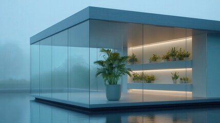 Modern Architecture Glass House with Indoor Plants by Water, Minimalist Design