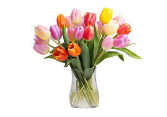 Colorful tulip bouquet in glass vase isolated on white background isolated on a white background