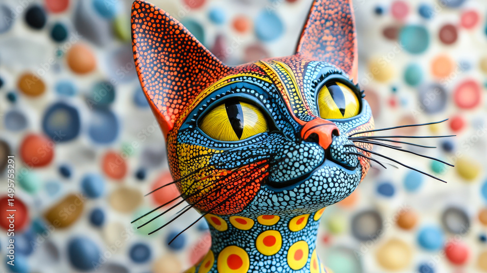 Poster a detailed handcrafted cat sculpture with vivid colors and patterns stands out against a playful, co