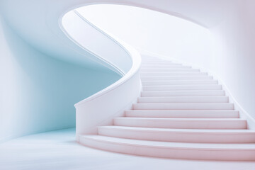 Obraz premium Elegant minimalist white spiral staircase with soft blue hues and curved design in modern interior space