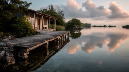 Fototapeta premium Peaceful Waterside Retreat: Rustic Cabin on Wooden Dock Reflecting Calm Lake and Cloudy Sky at Sunset.