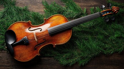 Classic violin instrument rests upon sprigs of evergreen branches