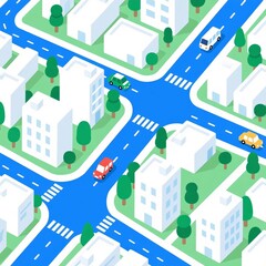 Isometric View of a City Intersection with Buildings and Vehicles