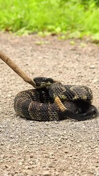 Portrait of a rattlesnake moving its tail when disturbed