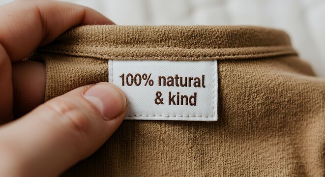 Close-Up of Handmade Label Stitched into Organic Baby Clothing Reading 100 Percent Natural and Kind Generative AI

