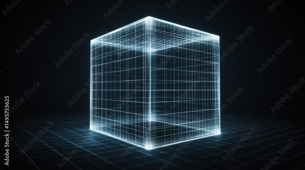 Aufkleber 3D wireframe cube illuminated in a dark environment with glowing edges and grid patterns