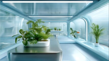Modern Interior Design, Plants, Sustainable Architecture. Futuristic home environment with greenery, creating a serene, minimalist, and eco-friendly atmosphere.