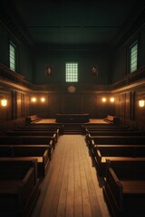 Courtroom Interior with Wooden Benches and Warm Lighting