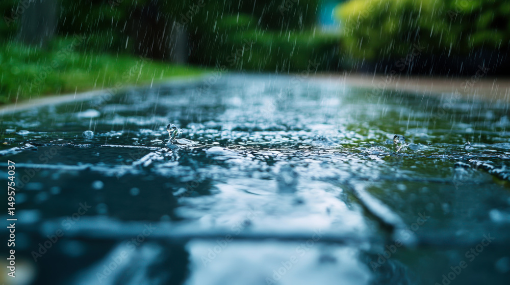 Aufkleber raindrops create ripples on the surface of a tranquil garden path during a gentle afternoon downpour