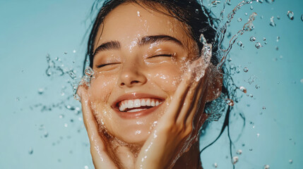 Naklejka premium Joyful woman enjoying splashes of water while cleansing her face in bright blue background during a sunny day