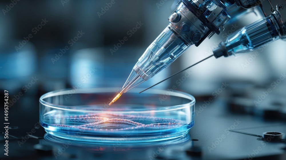 Poster a stunning image of close-up of robotic pipetting system injecting synthetic dna into petri dish, fu