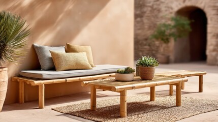 Outdoor Living Space, Bamboo Furniture, Sustainable Design, and Earth Tones for Minimalist Home Decor