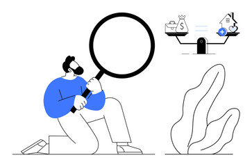Man kneeling with magnifying glass analyzing a scale balancing money and life goals. Ideal for financial planning, decision-making, work-life balance, personal growth, career focus, strategic