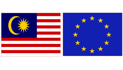 Malaysia Official flag with Europe national flag, both countries flags are in Horizontal shape and isolated on white background, Rectangular colorful design Flag with together.