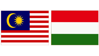 Malaysia Official flag with Hungry national flag, both countries flags are in Horizontal shape and isolated on white background, Rectangular colorful design Flag with together.