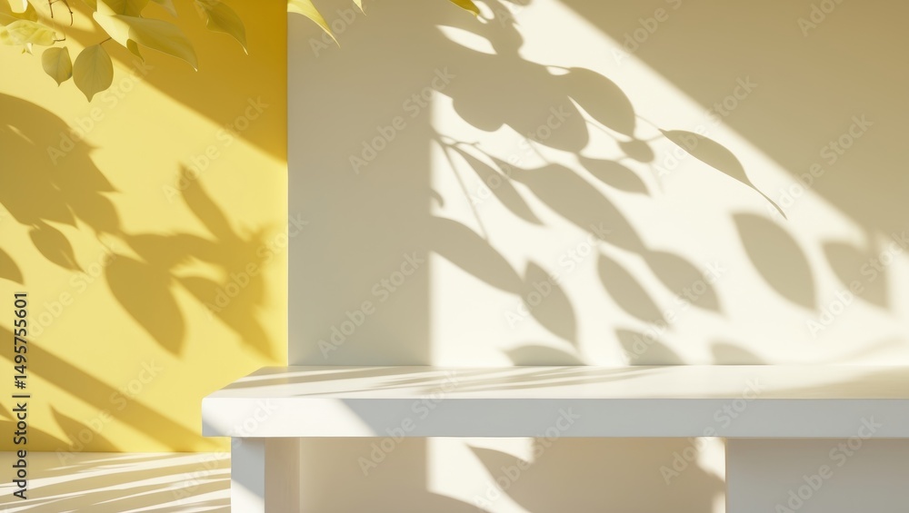 Poster abstract light and leaf shadows on a white table. mockup designed for product branding presentation.