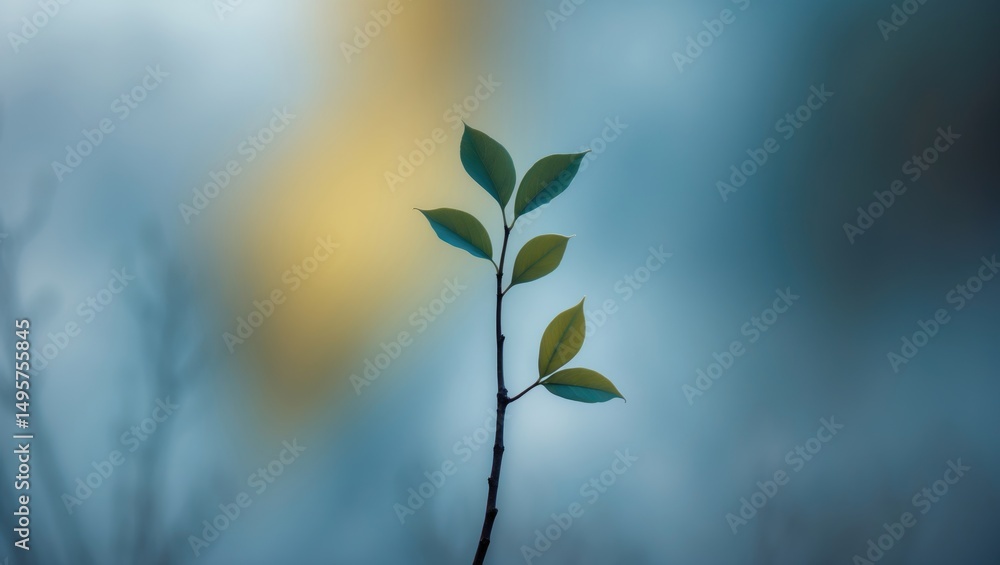 Poster macro view of a new leaf in nature, emphasizing a serene environment and the theme of growth and ren