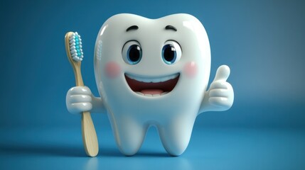 Cartoon tooth with toothbrush giving thumbs up