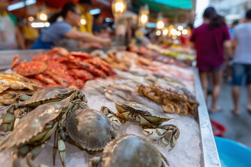 Market stall displaying a variety of fresh seafood including crabs, clams, and fish on ice, bustling outdoor fish market atmosphere with customers.