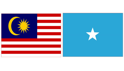 Malaysia Official flag with Somalia national flag, both countries flags are in Horizontal shape and isolated on white background, Rectangular colorful design Flag with together.