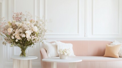 Elegant living room decor featuring fresh flowers and pastel colors in a bright, airy space