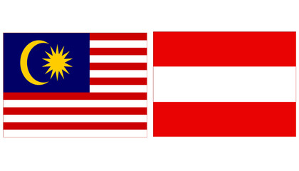 Malaysia Official flag with Austria national flag, both countries flags are in Horizontal shape and isolated on white background, Rectangular colorful design Flag with together.