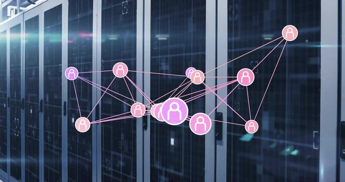 First pink nodes appearing on left starting network web with central node pulsing over server racks