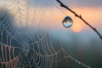 Nature Spider Web and Dewdrops PNG

