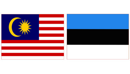 Malaysia Official flag with Estonia national flag, both countries flags are in Horizontal shape and isolated on white background, Rectangular colorful design Flag with together.