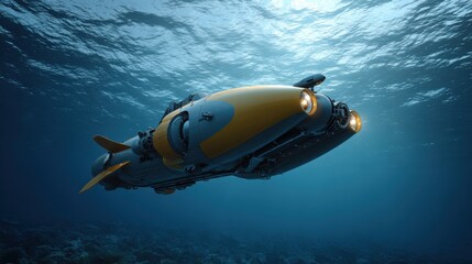 Fototapeta premium A stunning image of exploring ocean depths with a modern autonomous underwater vehicle at twilight.