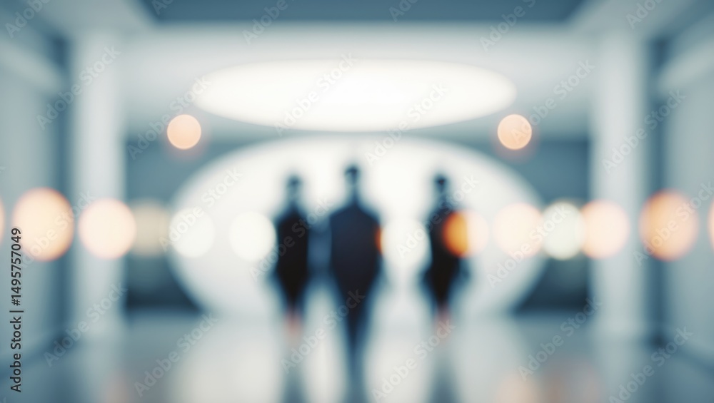 Poster abstract hazy image illustrating the inside of a modern workspace featuring indistinct silhouettes a