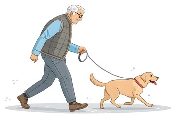 Happy Elderly Man Walking Dog Along Riverside


