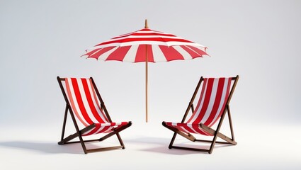 Image of two beach loungers accompanied by an umbrella on a plain white surface