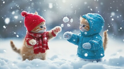 Whimsical winter wonderland, adorable kittens playfully frolic in the gentle snowfall