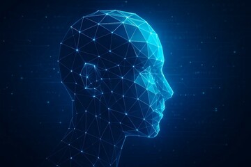 Obraz premium Abstract human face in profile. AI assistant or Artificial Intelligence agent concept. Low poly wireframe head of humanoid robot in technology futuristic style. Blue tech background. Digital avatar.