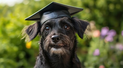 Adorable black dog wearing a graduation cap, posing outdoors with a proud and quirky expression