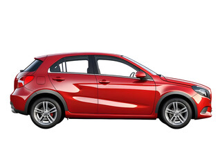 Obraz premium Bright Red Compact Car Profile View on White Background