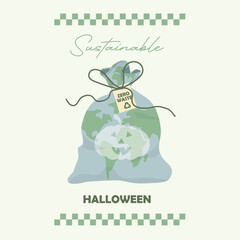 Sustainable Halloween With Earth Pumpkin Bag. eco-friendly card with zero waste bag. sustainable Halloween branding. Eco-friendly halloween concept. Flat style. Vector illustration