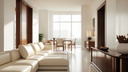 Fototapeta premium Side perspective of minimalist style living room featuring a couch and wooden sideboard. Home decor. Modern furnishings in a well-lit apartment.